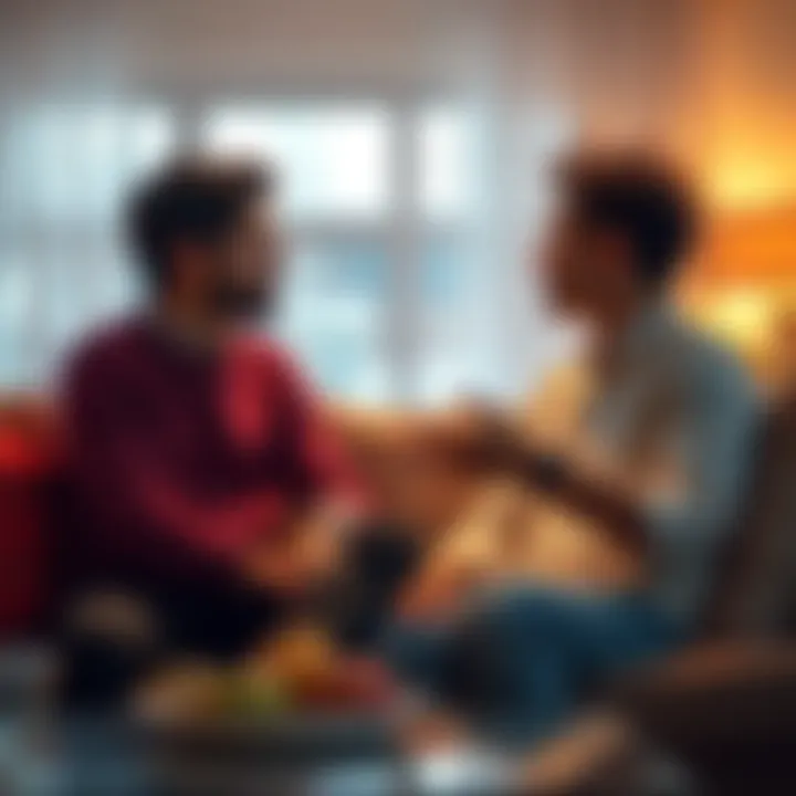 A couple sitting on a couch, having an open conversation about their irritations and feelings. The room is cozy with warm lighting.