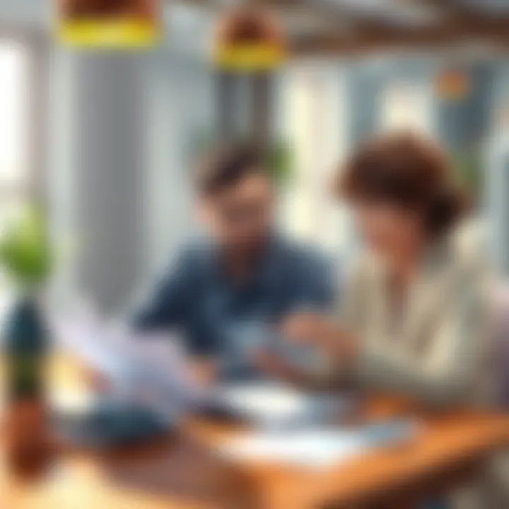 A couple sitting at a table, looking at documents and discussing their finances with a calculator, showing collaboration and understanding in their relationship.