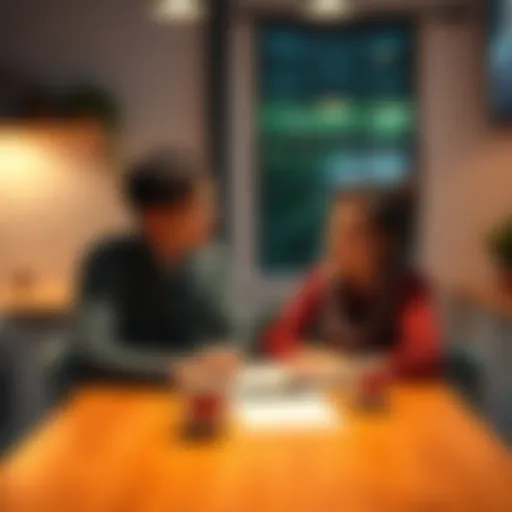 A married couple sitting at a kitchen table, discussing their future life together, with a notebook and coffee mugs in front of them.
