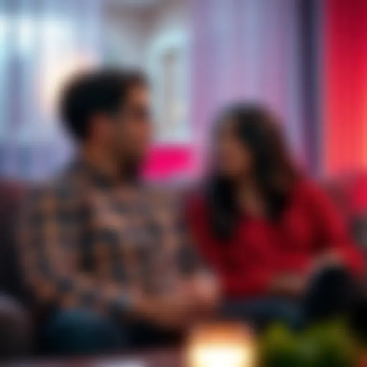 Couple discussing gender roles A man and woman sitting together on a couch, engaged in a deep discussion about gender roles in relationships, showing thoughtful expressions.