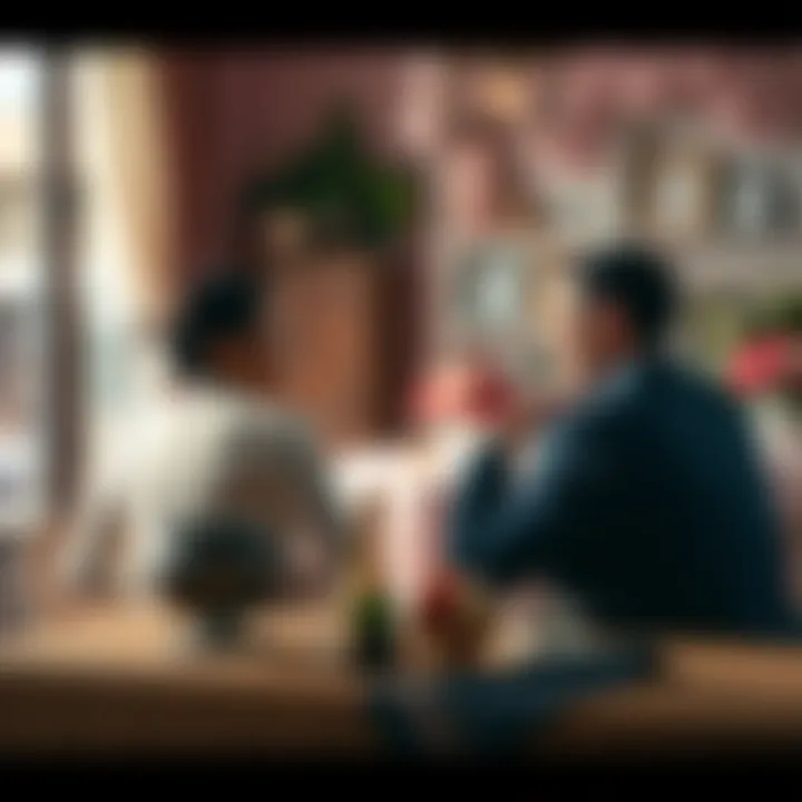 Couple discussing marriage A couple seated at a table, engaged in a serious discussion about their future and marriage timing, with wedding-related items in the background.