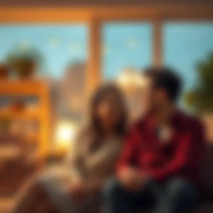 A couple sitting together, thoughtfully discussing their future and marriage options, with a warm and inviting environment around them.