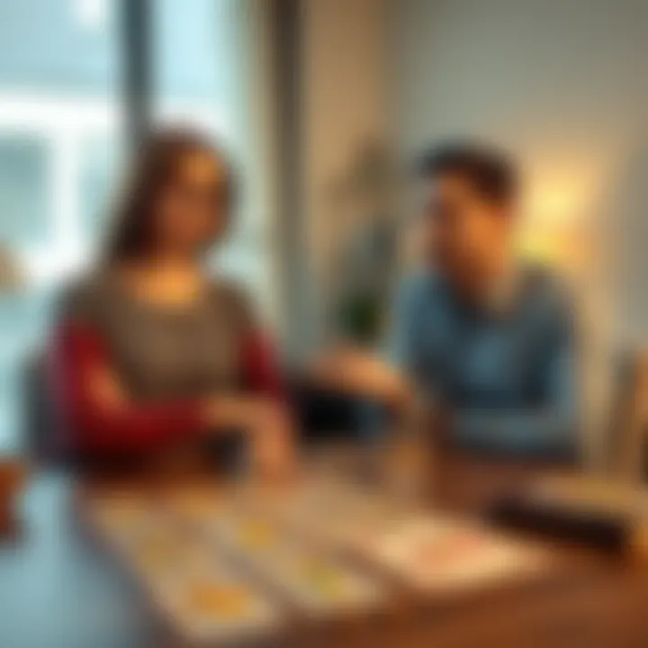 A couple seated at a table looking concerned as they talk about a last-minute change of plans, with tarot cards spread out in front of them.