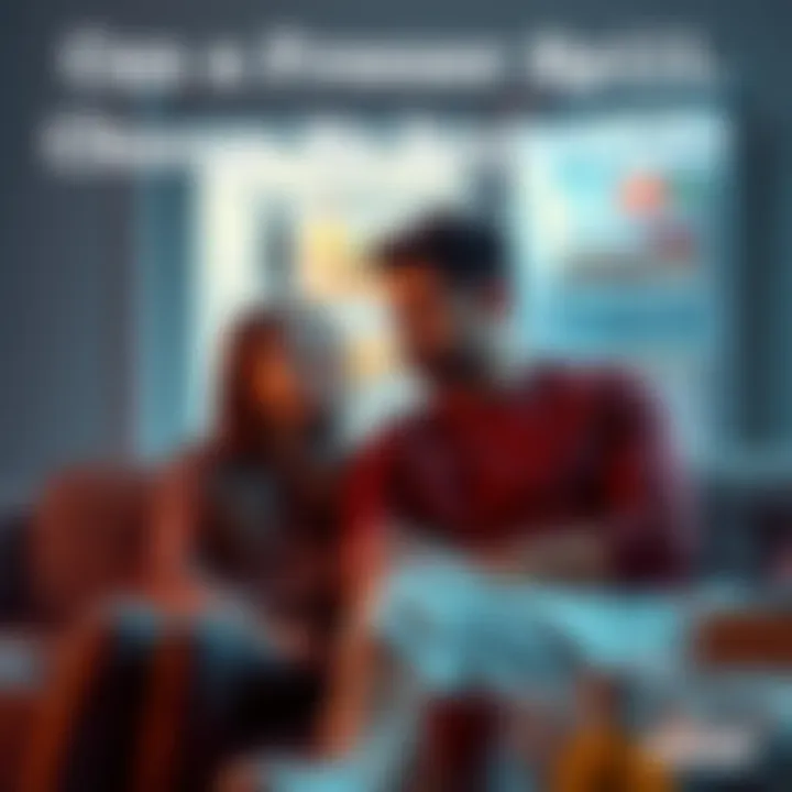 A woman and man sitting together, talking about their relationship with a concerned look on their faces, with a freezer visible in the background.