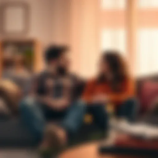 A couple sitting together on a couch, discussing their feelings and relationship dynamics, with a warm and inviting atmosphere.