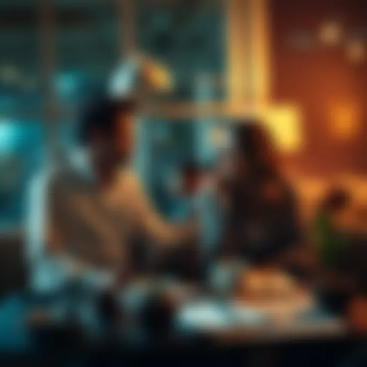 Couple discussing their relationship A couple talking over coffee, reflecting on their relationship experiences, with a notebook and astrological charts on the table.