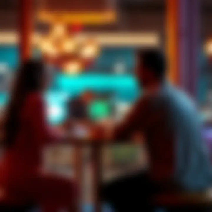 A couple sitting at a table, talking about their feelings while respecting each other's personal space.