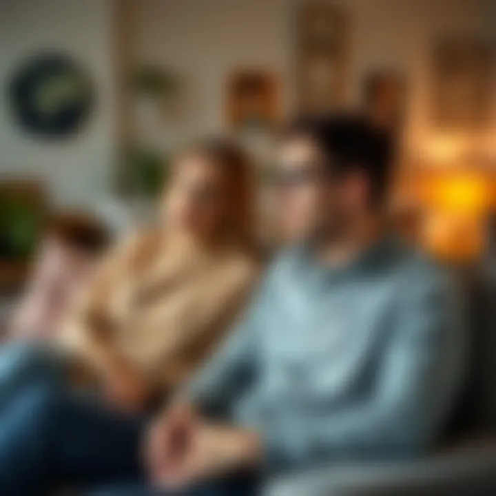 A husband and wife are sitting on a couch, discussing their relationship. The woman looks reflective while the man has a serious expression, showing the challenges they face. A cozy living room settin...