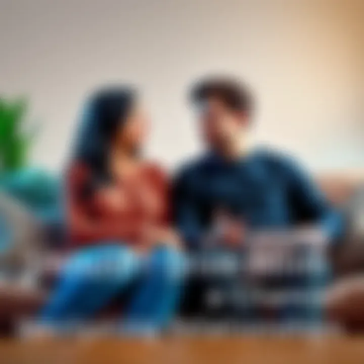 A couple sitting on a couch, having a serious conversation about their relationship, with one person looking contemplative and the other attentive.