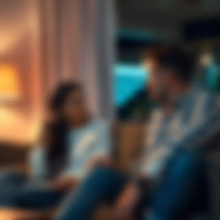 A couple sitting on a couch, talking about relationships, with a thoughtful expression on their faces.