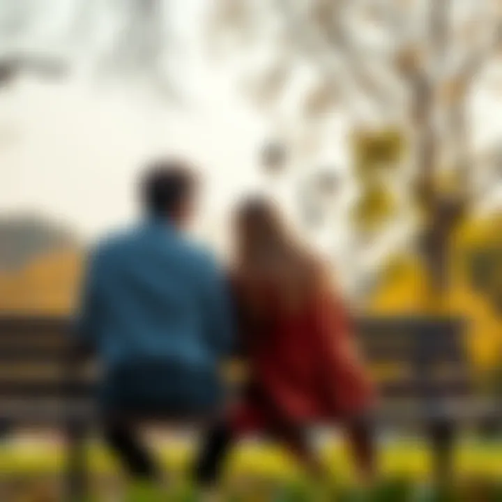 A couple sitting closely on a park bench, engaged in a deep conversation about love and personal growth, surrounded by nature.