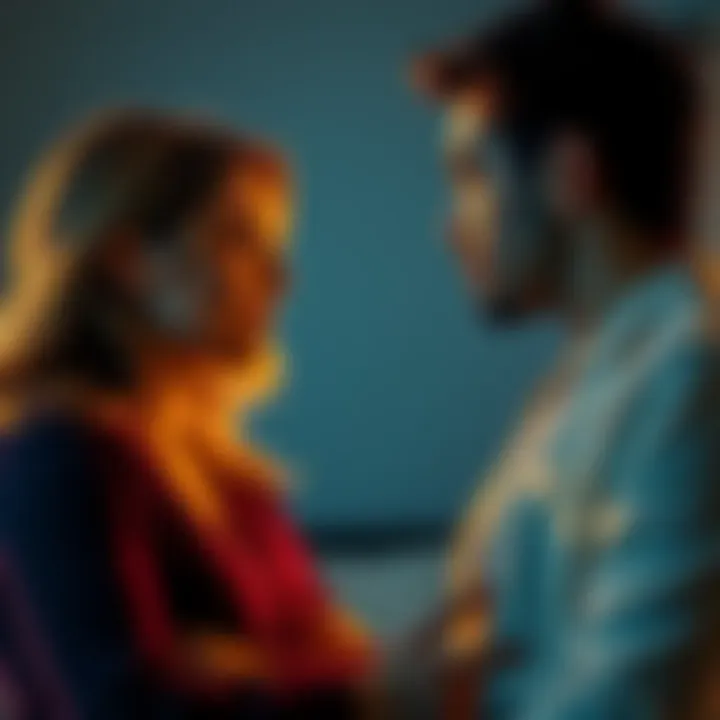A couple having a serious conversation about commitment and trust, with astrological symbols faintly visible in the background.