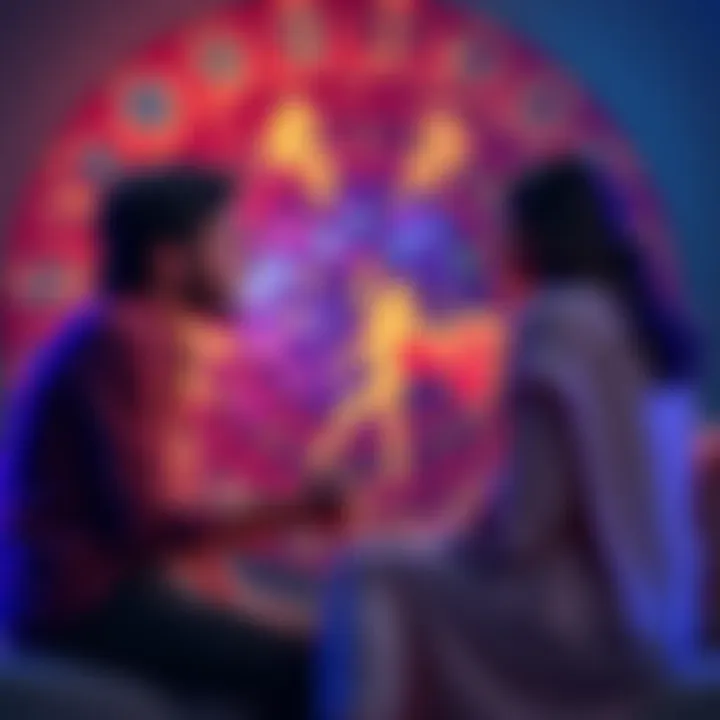A couple sitting together, discussing their Venus signs and dating preferences, with a colorful astrological chart in the background.