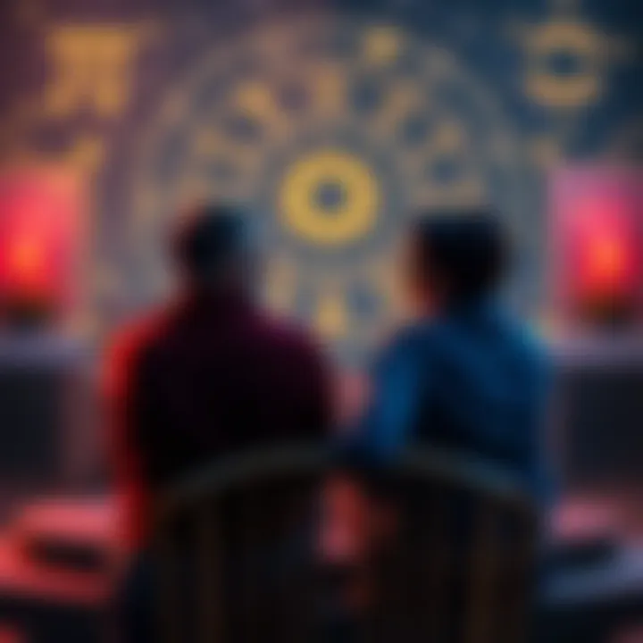 A couple sitting together, deep in conversation about their relationship, with astrological charts and symbols in the background.