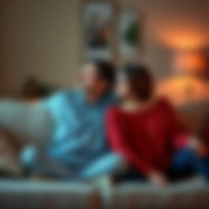 A husband and wife sit apart on a couch, appearing lost in thought and disconnected from each other.