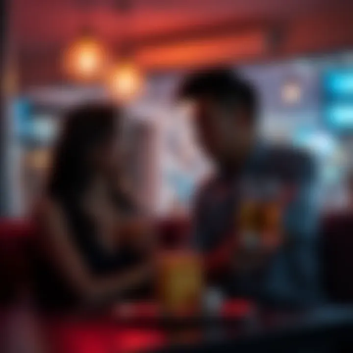 A worried couple sharing drinks, discussing unsettling predictions as they cling to each other for support.