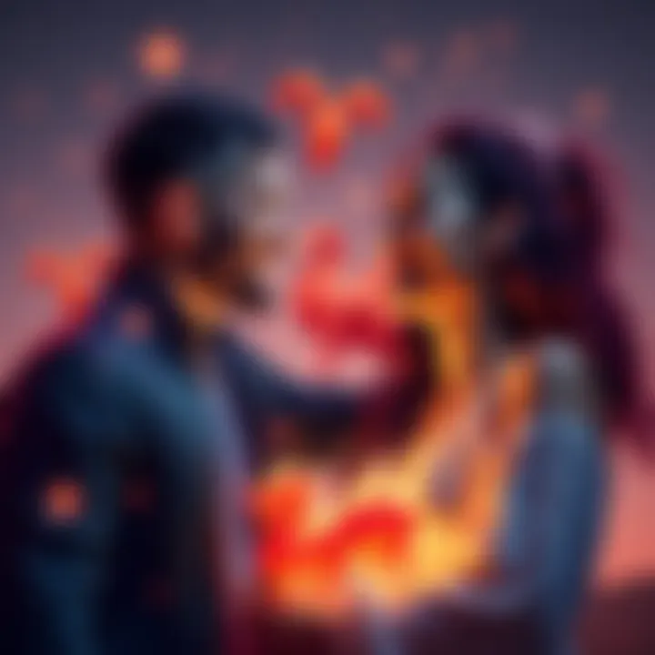A woman and her boyfriend share a light moment together, embodying Aries energy through laughter and connection, surrounded by astrological symbols.