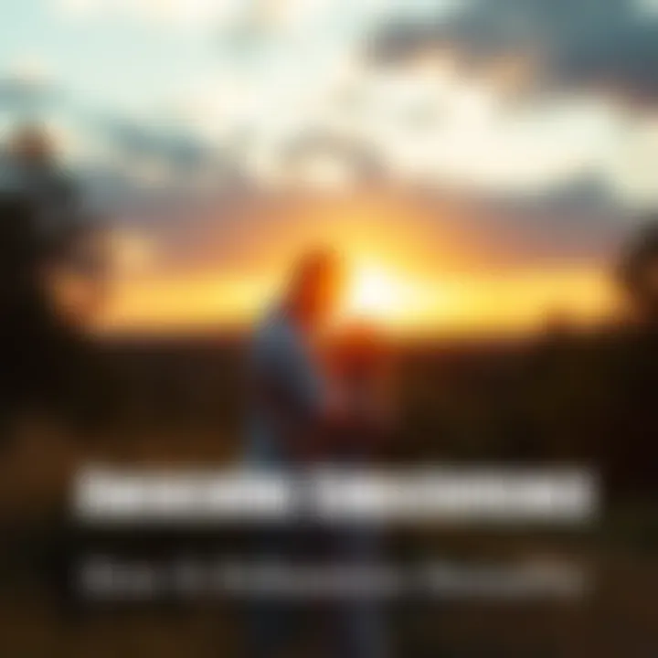 A couple stands together in a serene outdoor setting, embracing each other in a loving moment. The sun sets behind them, symbolizing warmth and connection.