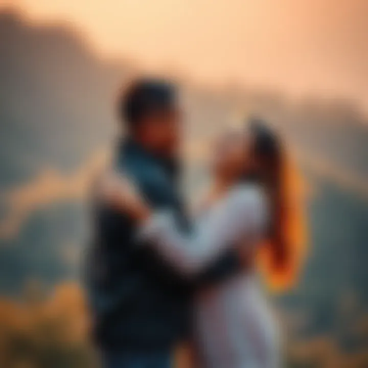 A couple stands together in a serene outdoor setting, embracing each other with joy and warmth, symbolizing love and personal growth.