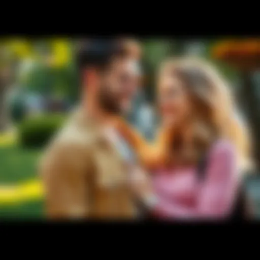 A man and woman smiling at each other in a park, showcasing attraction and connection.