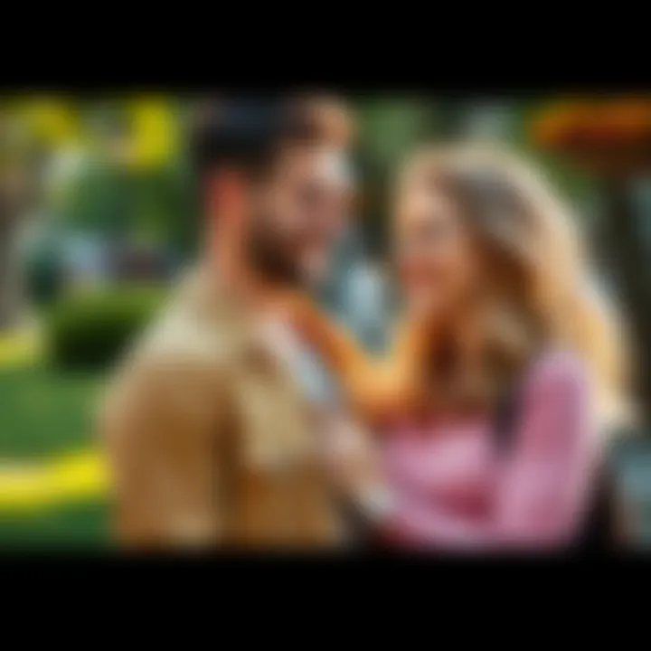 A man and woman smiling at each other in a park, showcasing attraction and connection.