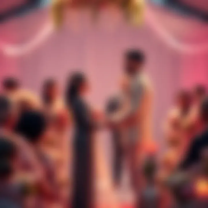 A happy couple standing at an altar, exchanging wedding vows with family and friends watching, surrounded by flowers and decorations.