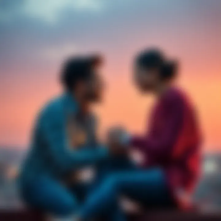 Couple sharing a moment of forgiveness A couple sitting together, holding hands and looking into each other's eyes, reflecting a moment of understanding and forgiveness