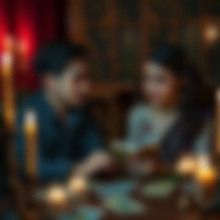 A couple listens attentively to a fortune teller, surrounded by candles and tarot cards