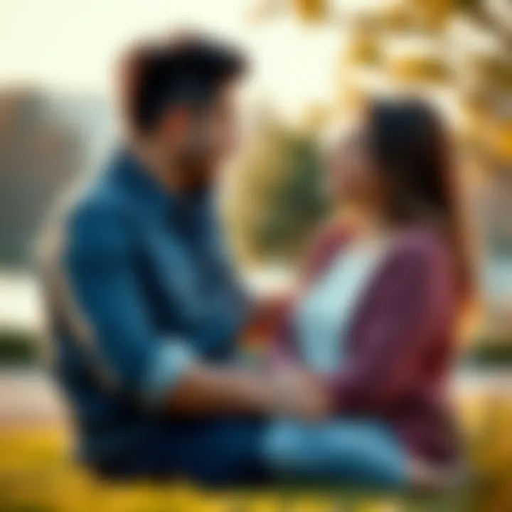 Couple having a heart-to-heart conversation A couple sitting together outdoors, sharing a meaningful conversation to reconnect and improve their relationship.