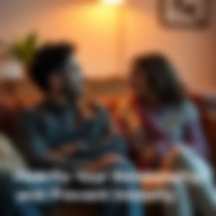 Couple having a heartfelt conversation A man and woman sitting close together on a sofa, talking earnestly, showing signs of openness and trust, with a warm atmosphere around them.