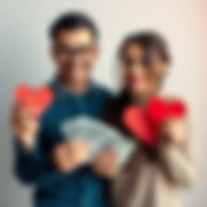 A couple is smiling while holding paper hearts and a stack of cash, symbolizing the pursuit of love and financial success for the future.