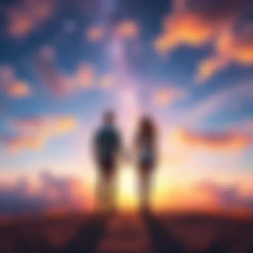 A couple stands hand in hand, gazing at a colorful sky filled with clouds and stars, symbolizing their shared dreams and aspirations in shifting realities.