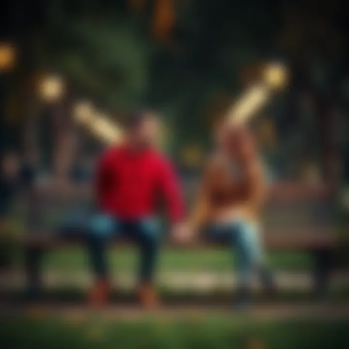A couple sitting on a bench in a park, holding hands and smiling, suggesting connection and love