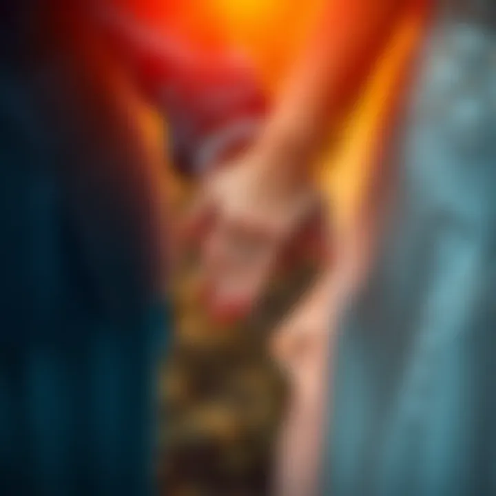 A close-up of a married couple holding hands, symbolizing love and partnership.
