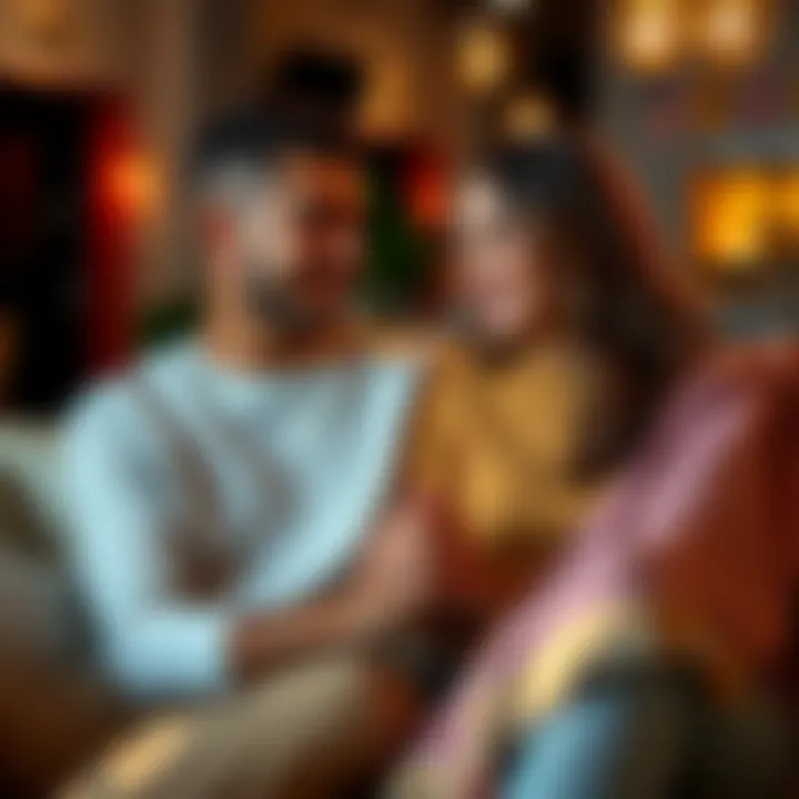 A couple sitting close together, holding hands and smiling, showing affection in a cozy setting.