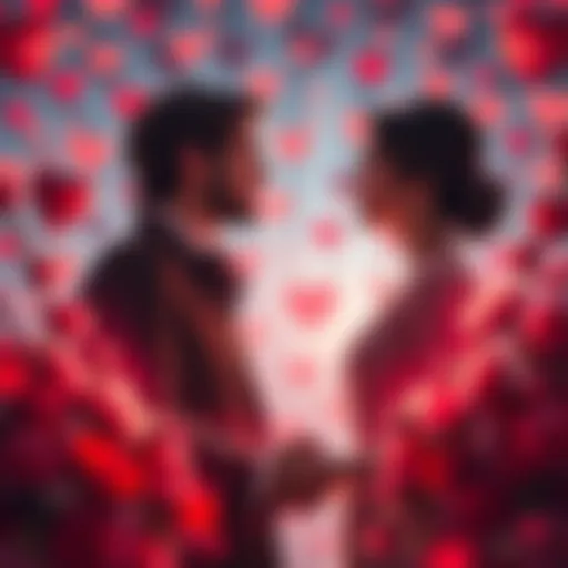A happy couple holding hands and looking into each other's eyes, surrounded by hearts and flowers representing love and romance.