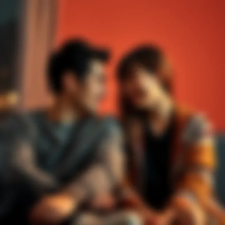 A couple sitting close together, looking at each other with strong emotions, representing early relationship obsession
