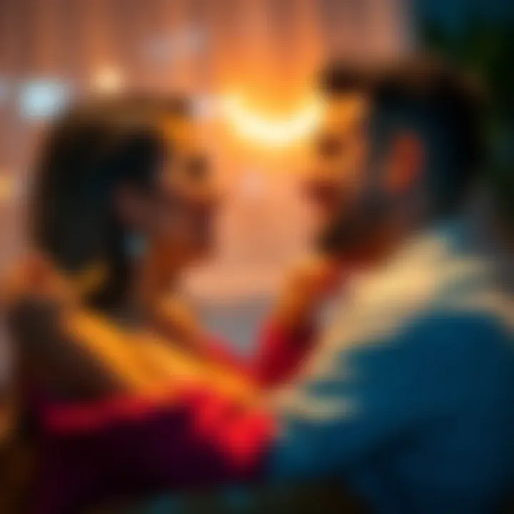 A couple intimately talking with soft smiles, suggesting connection during a close moment, in a cozy setting