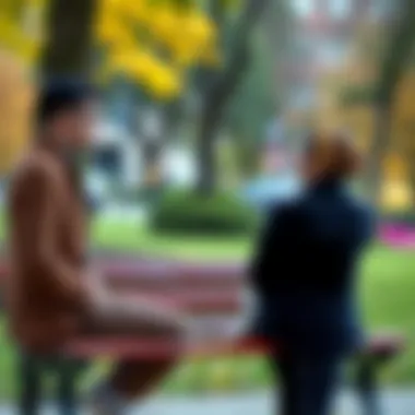Couple Looking at Each Other A couple sitting on a park bench, looking at each other thoughtfully, indicating a moment of reflection about their past relationship.