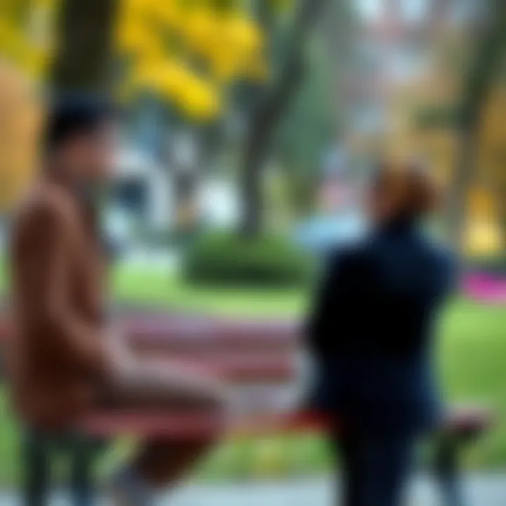 Couple Looking at Each Other A couple sitting on a park bench, looking at each other thoughtfully, indicating a moment of reflection about their past relationship.
