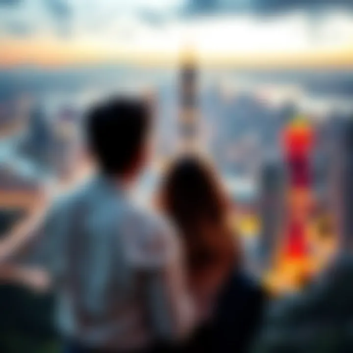 A couple stands together, gazing at a vibrant city skyline, symbolizing new opportunities in career and love life after relocation.