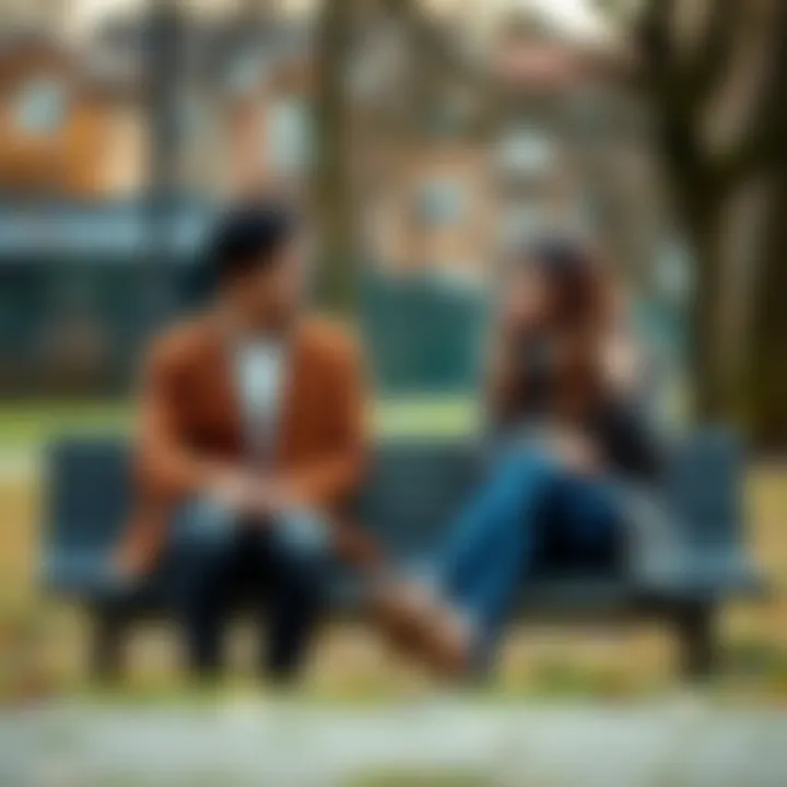 Couple looking uncertain A couple sitting on a park bench, looking at each other with concerned expressions as they discuss their relationship