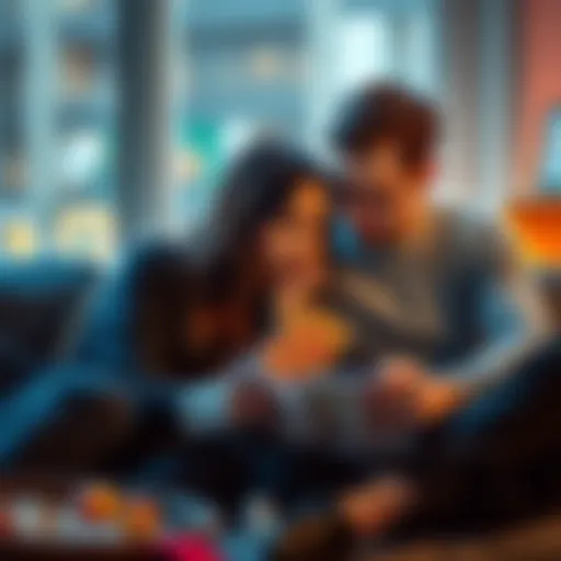 A couple sitting together, looking at tarot cards and discussing their love readings with thoughtful expressions