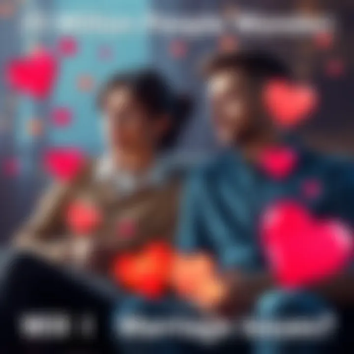 Couple discussing marriage concerns A couple sitting together looking concerned while discussing their marriage issues, surrounded by supportive images of hearts and engagement rings.