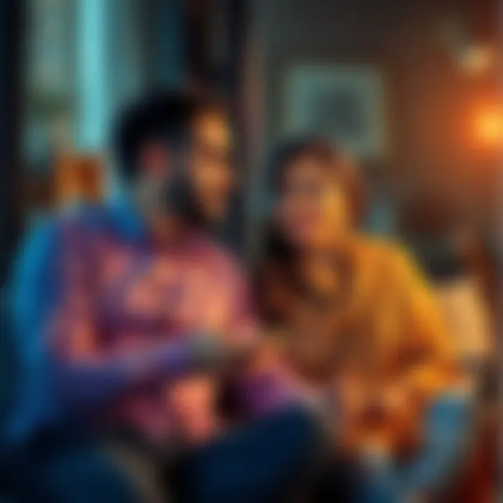 A couple sitting together, talking about love and arranged marriage choices, with thoughtful expressions.