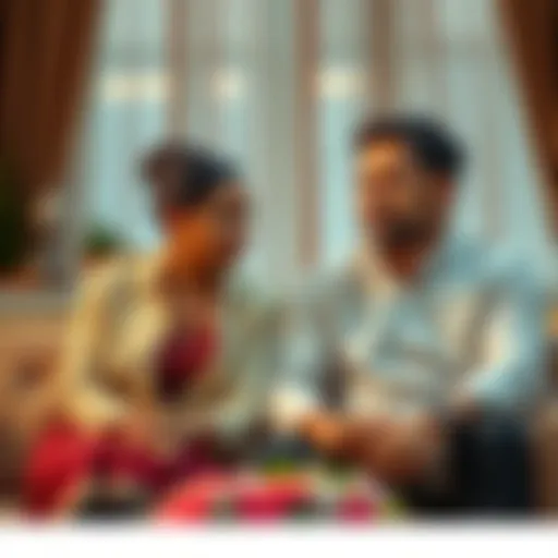 A couple sits together, contemplating their marriage choices between love and arrangement, with a thoughtful expression on their faces.