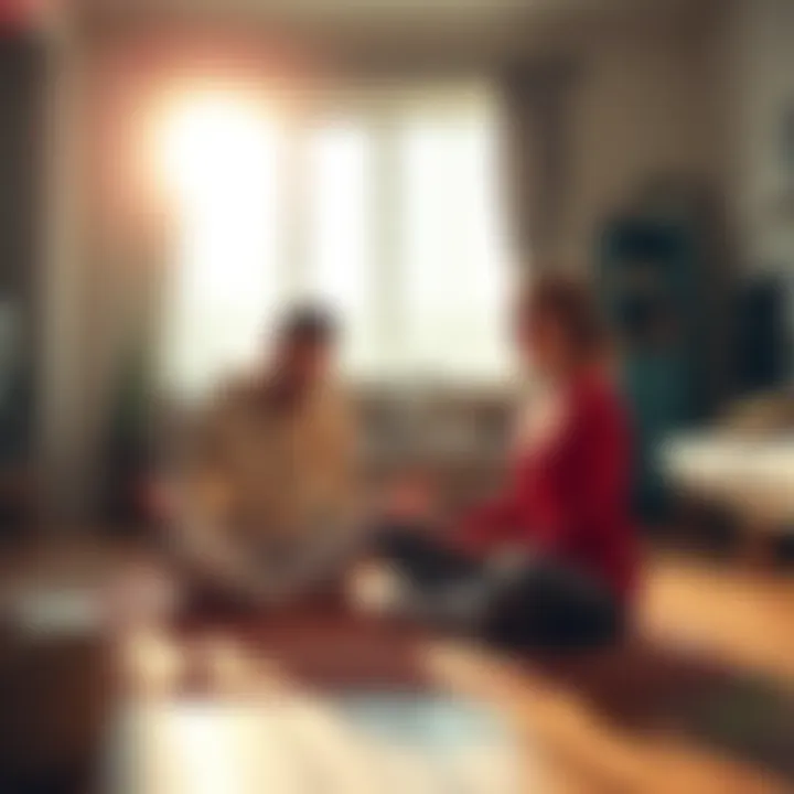A young couple sits cross-legged on a rug, practicing mindfulness meditation in their shared living space, with soft sunlight streaming through the window.