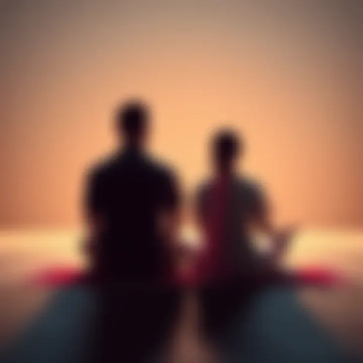 A married couple sitting cross-legged on a mat, meditating in a peaceful setting, reflecting their spiritual journey together.