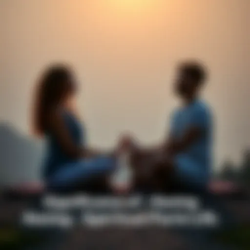 A couple sitting cross-legged, meditating in a peaceful outdoor setting, symbolizing spiritual connection and growth in their relationship.
