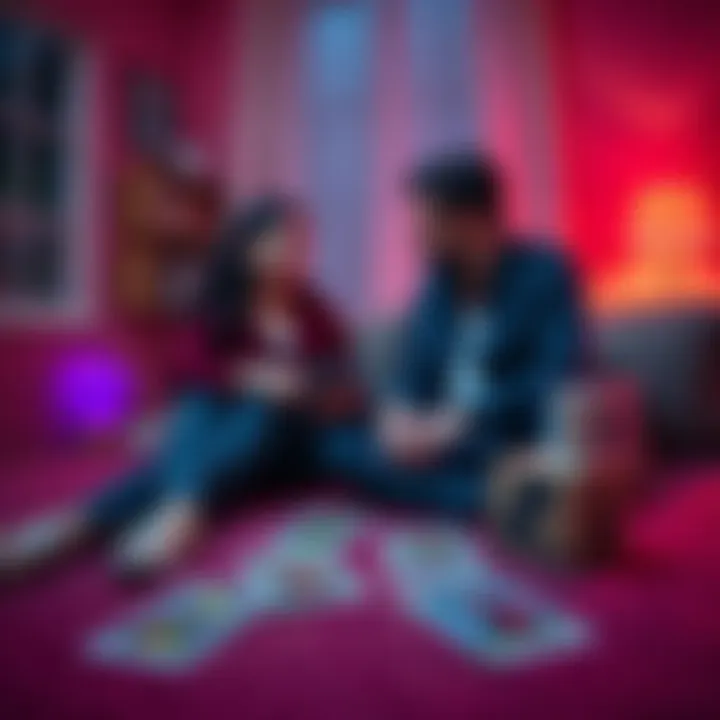 A couple sitting together, discussing moving in, with tarot cards laid out in front of them